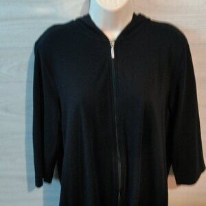 Denim & Co Beach Top Women's Size Large Black Cover-Up Hoodie 3/4 Sleeves Zipped